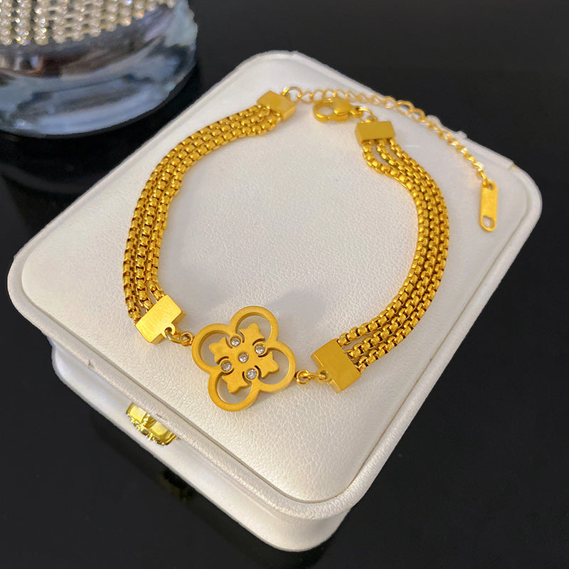 Sweet Minimalist Hollow Micro-Paved Cubic Zirconia Heart and Star Titanium Steel Plated Multi-Layer Chain Bracelet