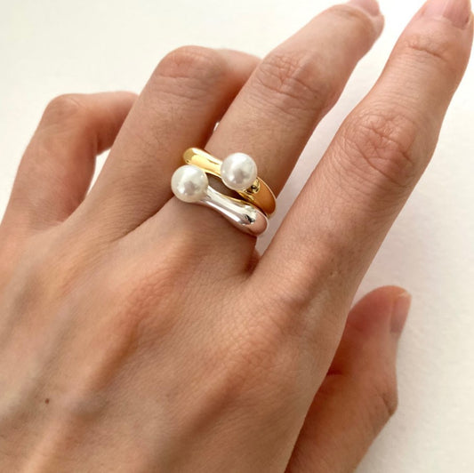 Natural Style Geometric Shape 925 Sterling Silver Open Ring with Pearl Accent for Women
