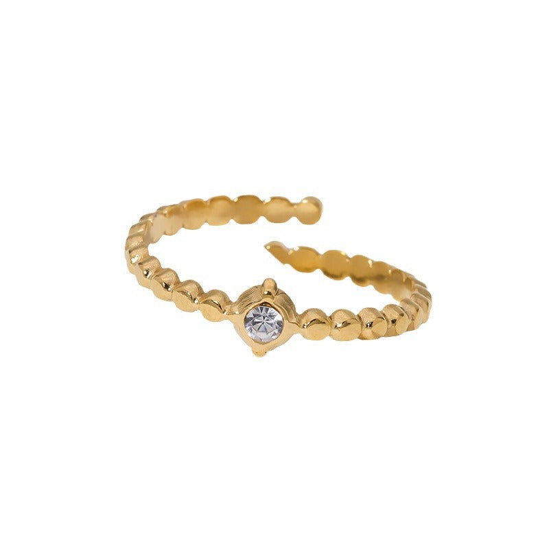 Minimalist Titanium Steel Adjustable Open Ring for Women with Rhinestone Accents and 18K Gold Plating