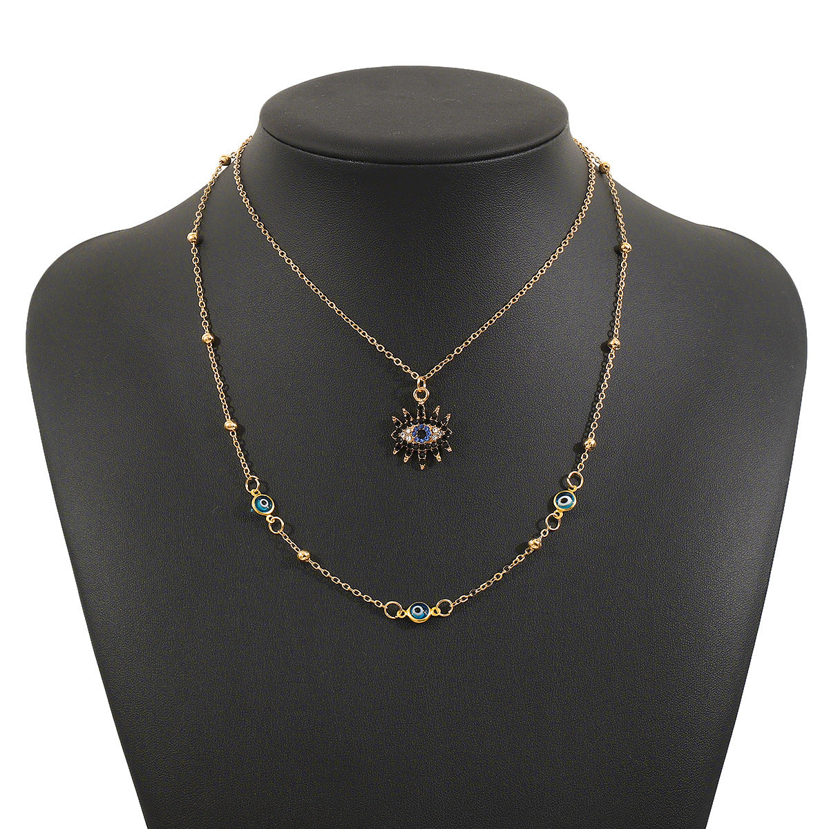 Collana con ciondolo a occhio di Allah geometrico, dolce e audace, con intarsi in strass e dettagli in smalto su catena a O