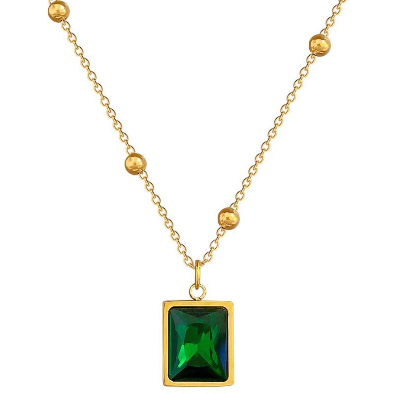 Minimalist Geometric Square Green Gemstone Titanium Steel Necklace with Gold Plating for Women and Men