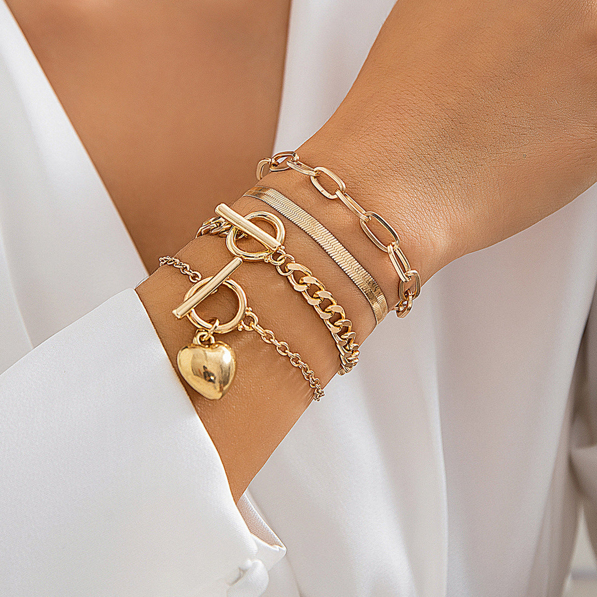 Punk Hip-hop Geometric Heart Alloy Plated Snake Chain Bracelet Set
