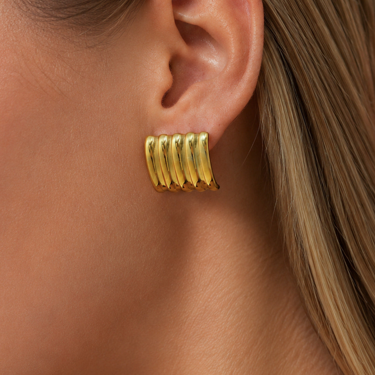 Minimalist 18K Gold Plated Stainless Steel Square Geometric Striped Earrings for Women
