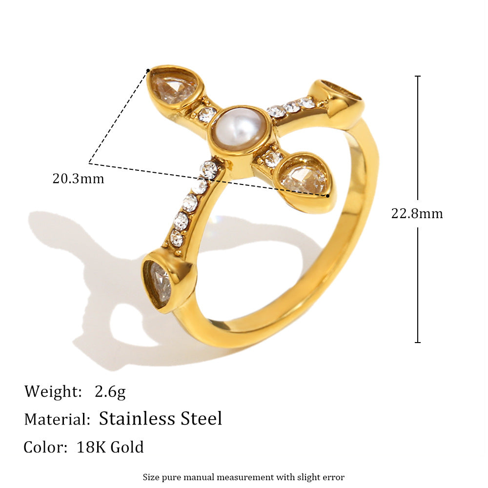 Fashionable Geometric Stainless Steel Plated 18K Gold Cross and Star Pendant Ring with Zircon Inlay for Women