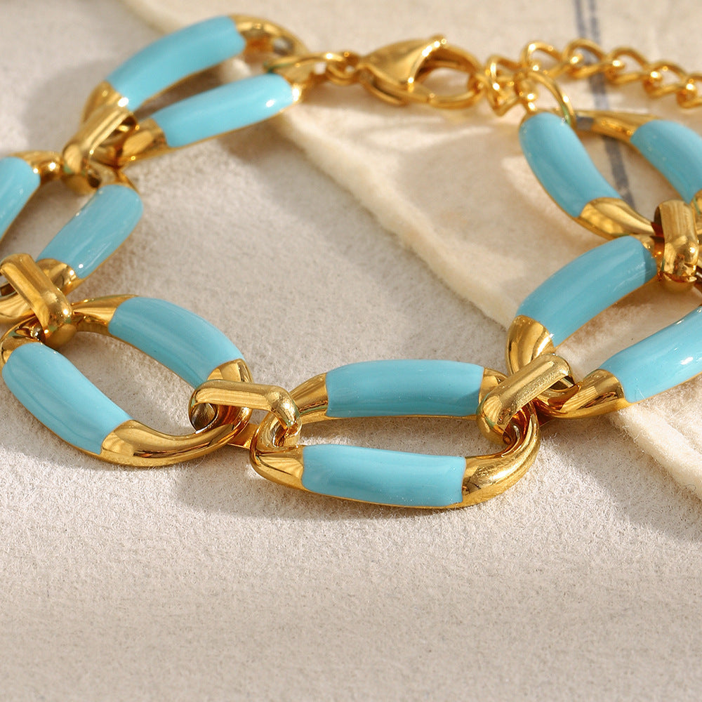 Fashion Geometric Stainless Steel Plated 18K Gold Enamel Handcrafted Necklace and Bracelet Set for Women