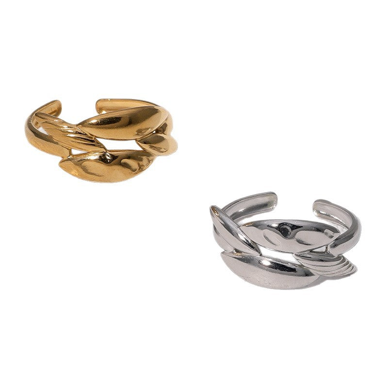 Minimalist 18K Gold Plated Stainless Steel Adjustable Open Ring Geometric Leaf Design for Women
