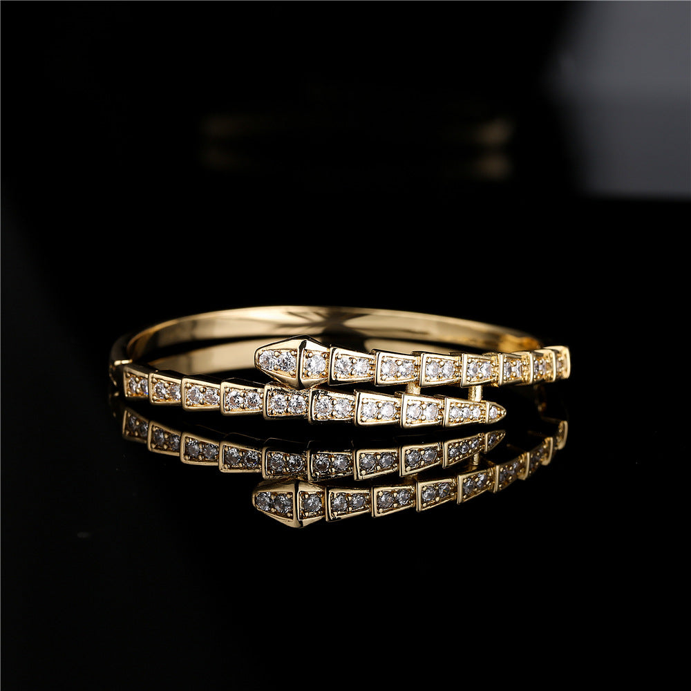 Fashion-Forward Geometric Snake-Shaped Copper Bracelet with Genuine Gold Plating and Micro-Paved Zirconia