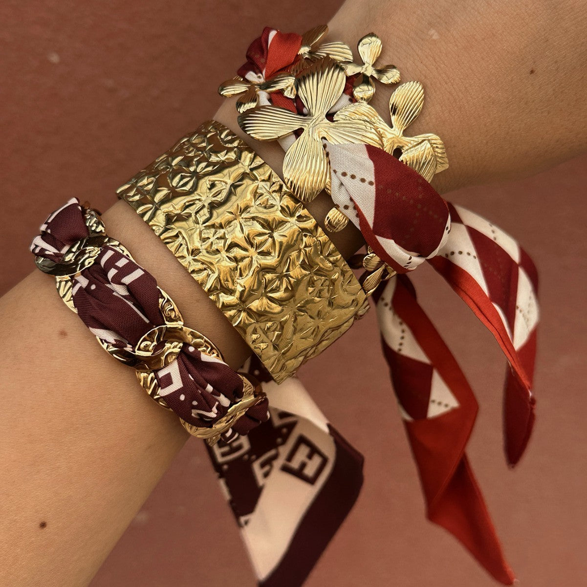 Fashion Irregular Plated Stainless Steel Fabric Wrap Open Cuff Bracelet for Women