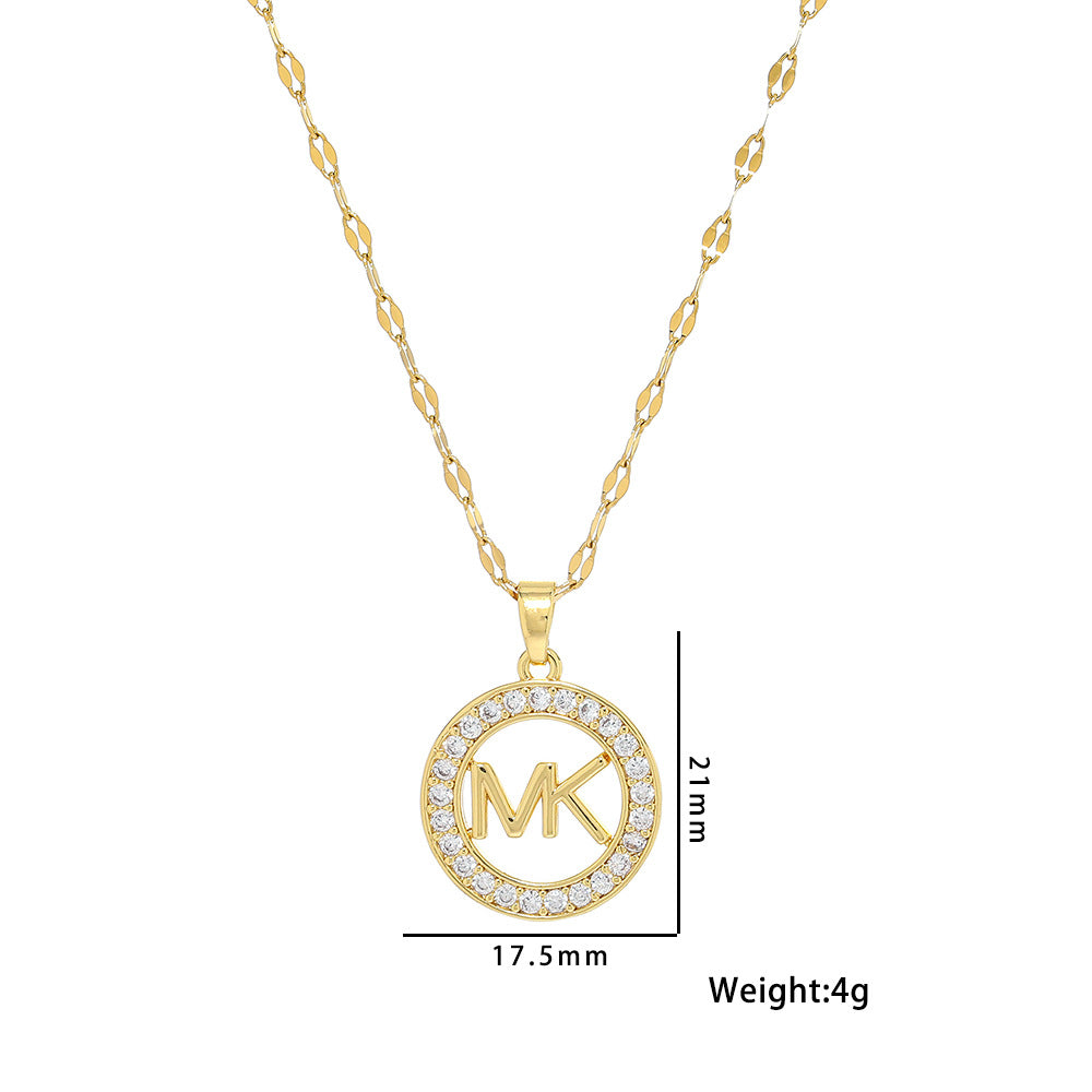 Minimalist Round Letter Pendant Necklace in Titanium Steel with Gold Plating for Women
