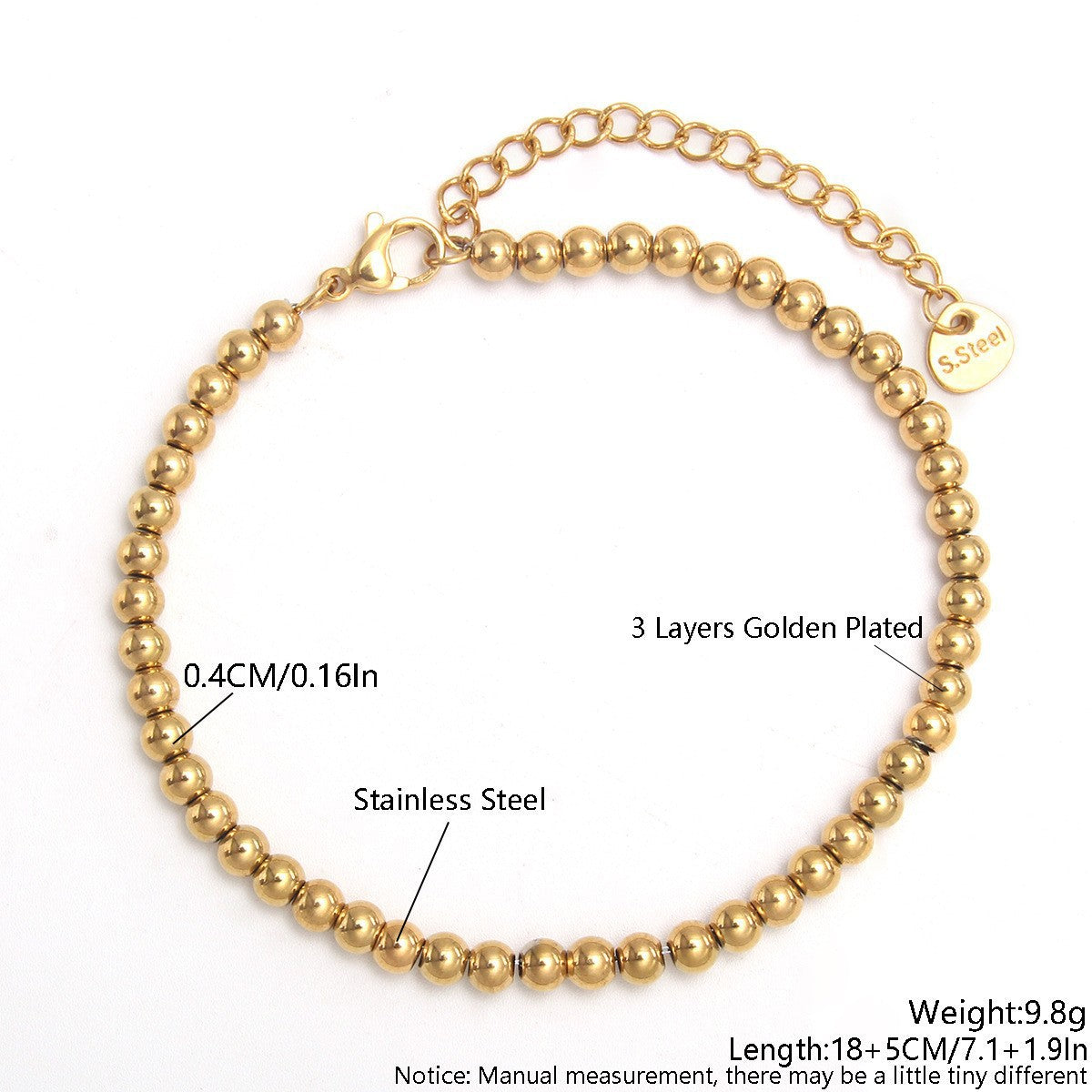 Gold Plated Stainless Steel Ball Chain Bracelet Unisex Elastic Beaded Hand String
