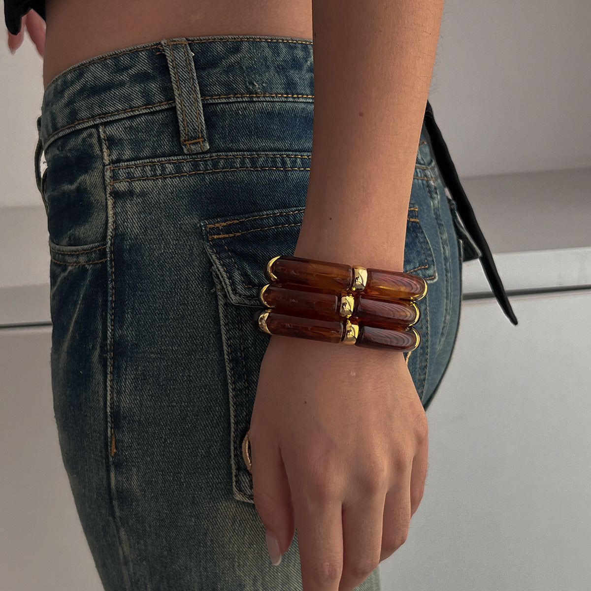 Set di braccialetti a polsino rigido da donna geometrici minimalisti con perline, in lega di zinco con finitura placcata