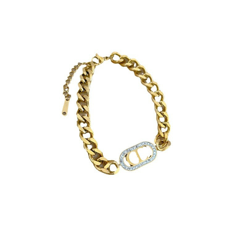 Minimalist Vintage CD Chain Bracelet in Titanium Steel with Rhinestone Inlay Constellation Design Gold Plated Bean and Wavy Texture