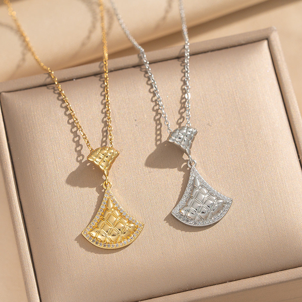 Light Luxury Fan-Shaped Skirt Pendant Necklace with Rhinestone Inlay, Titanium Steel Cross Chain