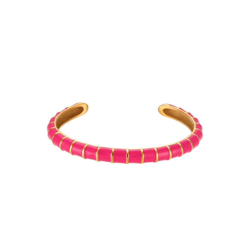 Minimalist Geometric Caterpillar-Shaped Stainless Steel Plated 18K Gold Enamel Open Bangle Bracelet for Women
