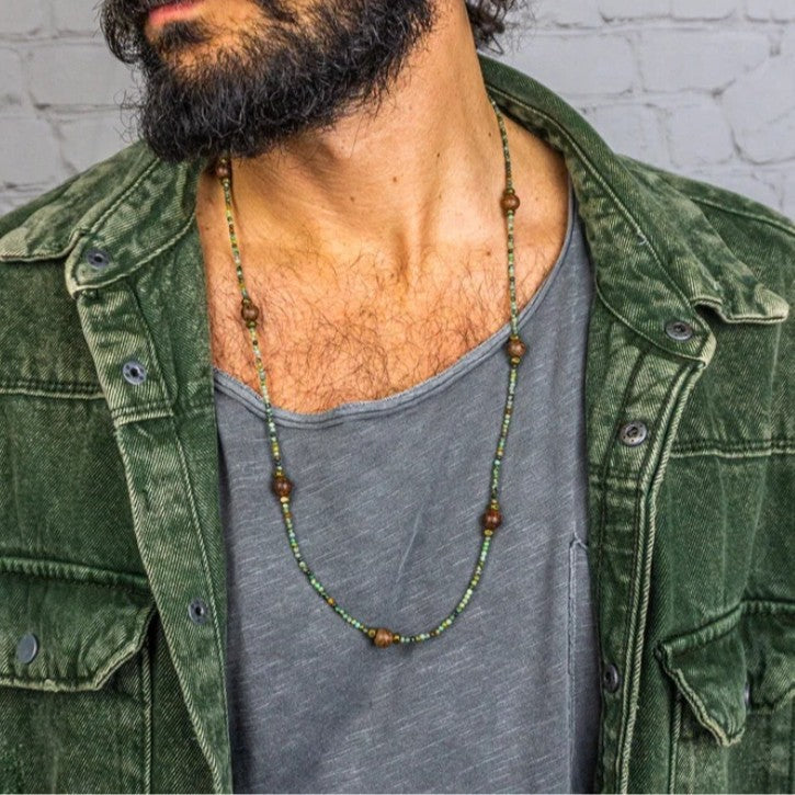 Vintage Ethnic Hip-hop Geometric Round Wood Beaded Necklace Cable Chain Unisex