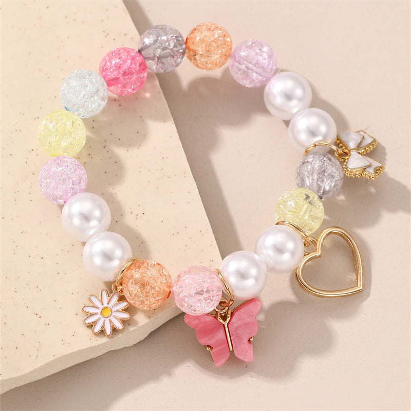 Bracciale Minimalista con Cuore e Farfalla in Perline di Vetro per Bambini con Accenti Floreali Colorati