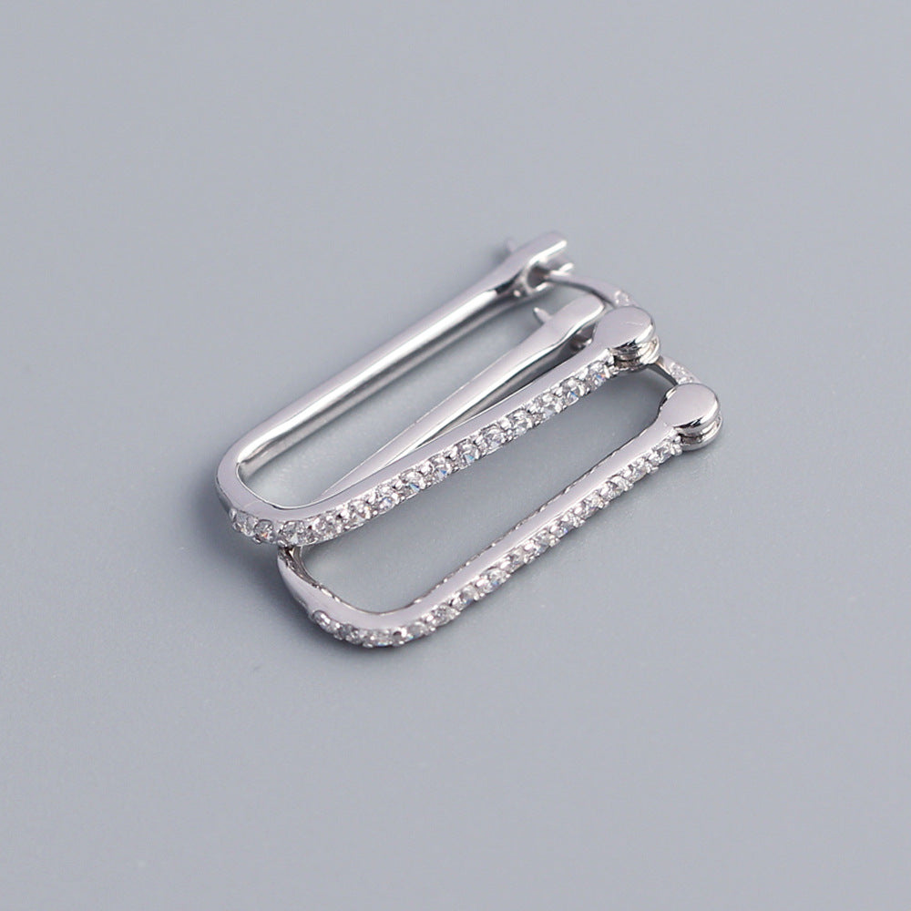 Minimalist 925 Sterling Silver Geometric Rectangle Inlaid Diamond Hoop Earrings for Women