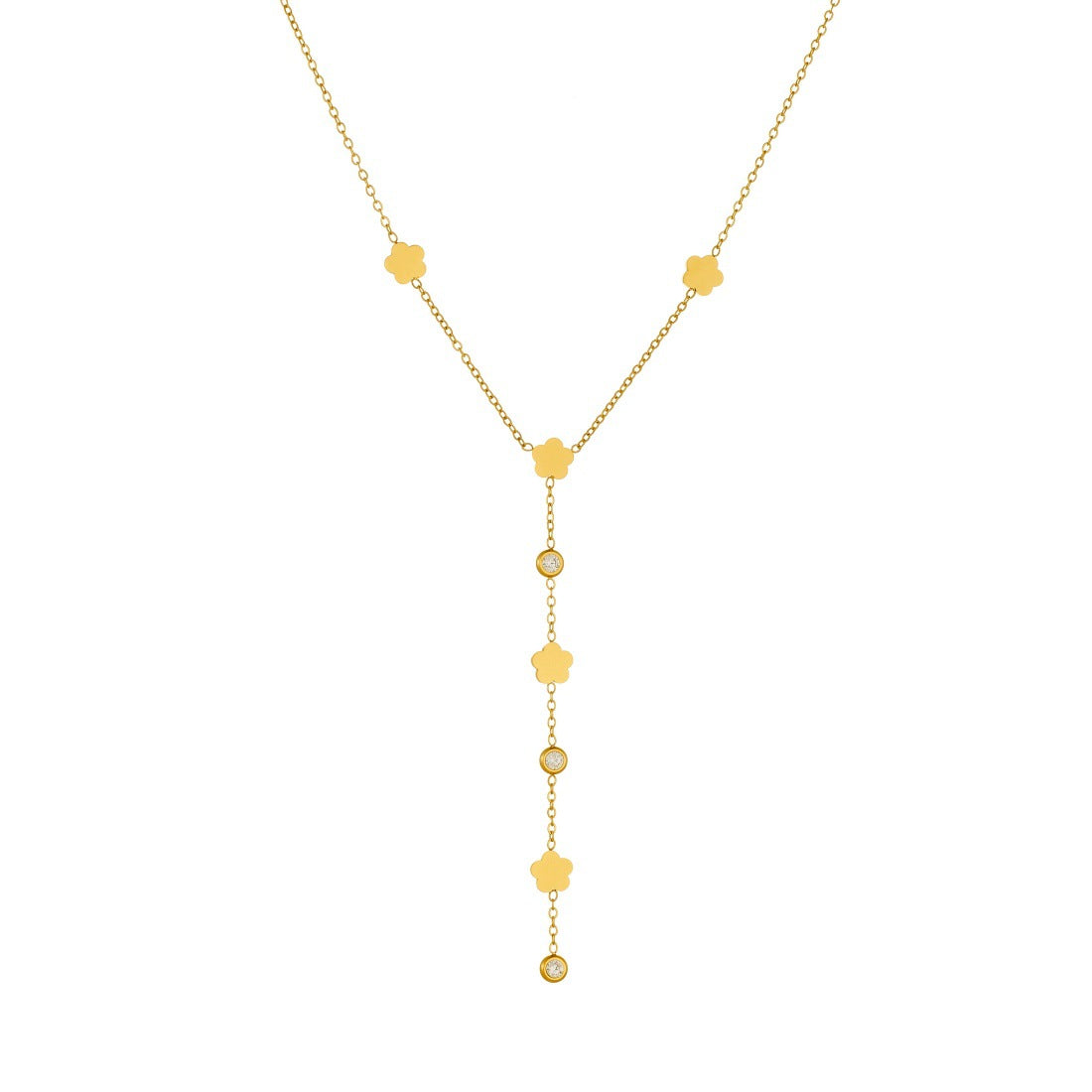 Gold Plated Rhinestone Inlaid Floral Stainless Steel Pendant Necklace with Tassel for Women