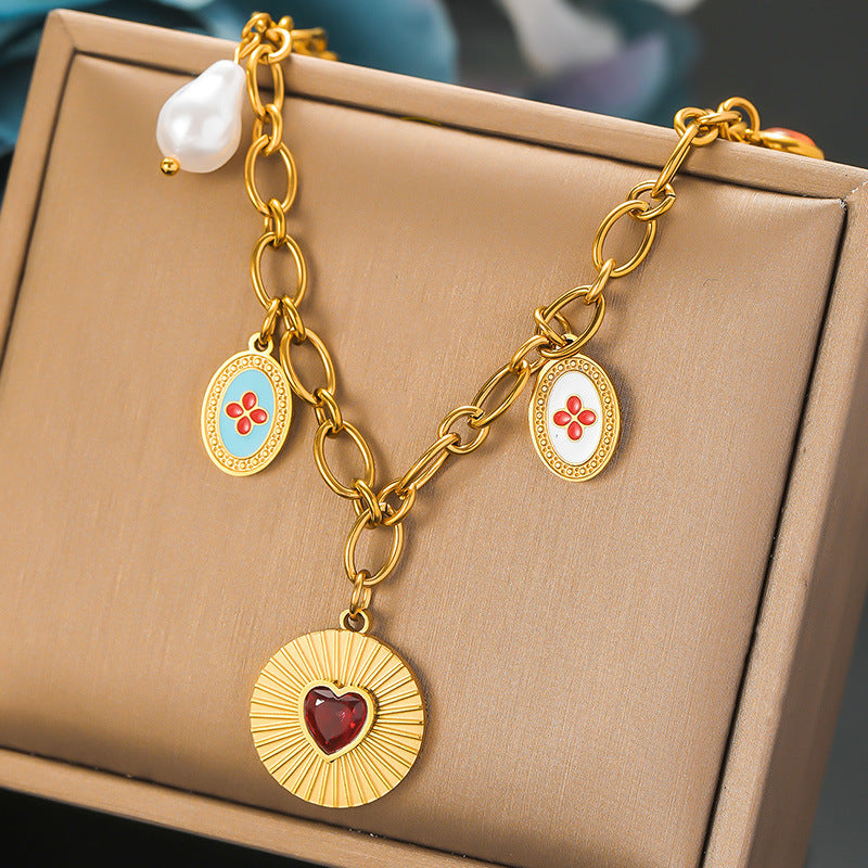 Sweet Rainbow Fruit Heart Stainless Steel Plated Pendant Necklace for Women with Cable Chain