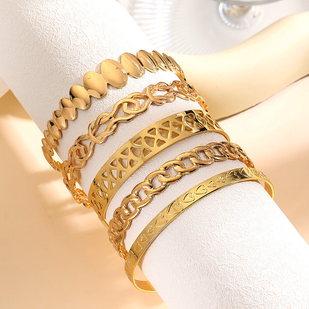 Personalized Geometric Heart Wheat Chain Open Cuff Bracelet Set Alloy Plated Women