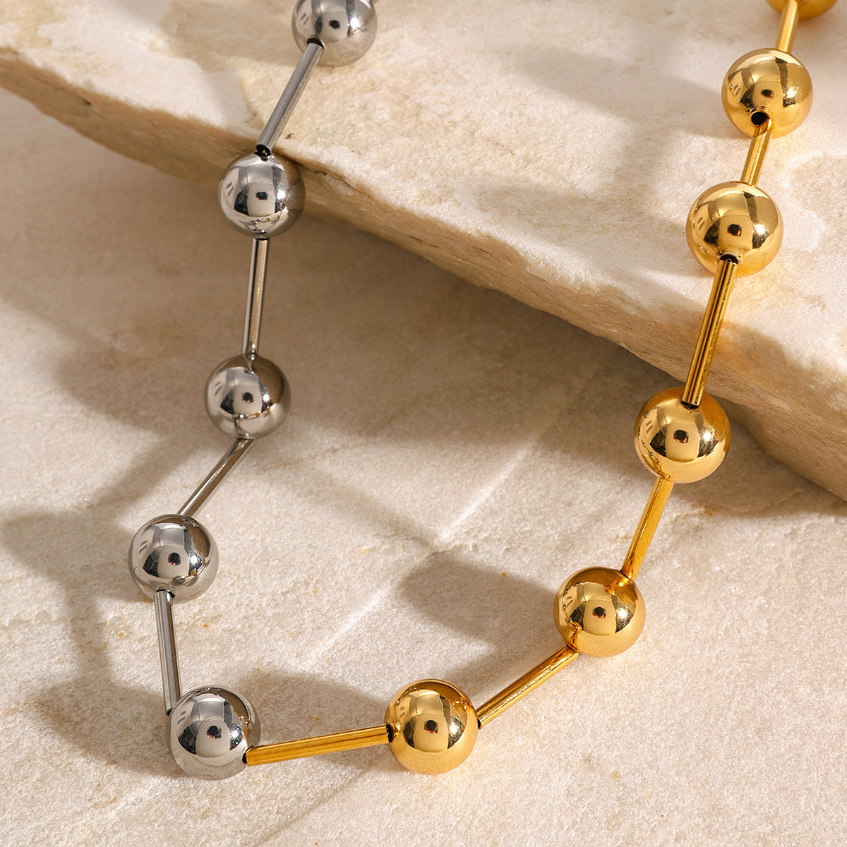 Punk Geometric Stainless Steel Beaded Choker Necklace with Gold and Silver Plated Accents for Women