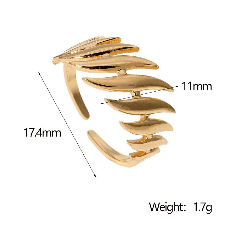 Anello Aperto Minimalista a Forma di Foglia in Acciaio Inox Placcato Oro 18K Gioielli di Moda per Donna