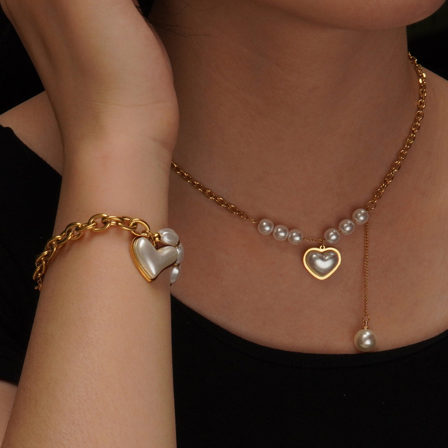 Vintage French Style Irregular Pearl Mixed Chain Set with Round Hollow and Heart Pendants for Women