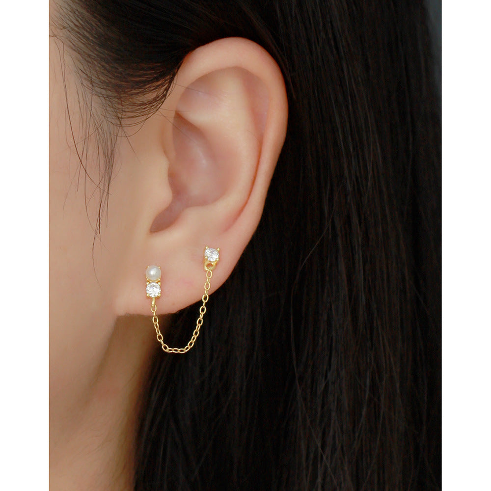 Orecchini pendenti da donna in argento sterling 925 con perle finte e intarsi in strass, design geometrico dolce e audace