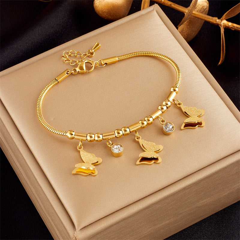 Elegant Minimalist Butterfly Pearl Floral Rhinestone-Embellished Gold-Plated Stainless Steel Bracelet for Women