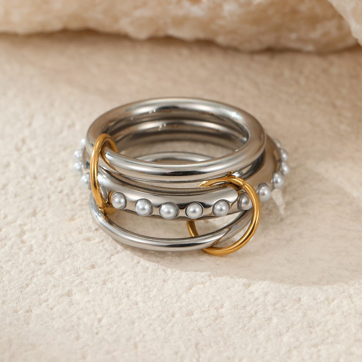 Conjunto de anillos geométricos apilables de lujo de acero inoxidable con baño de oro de 18 quilates y diseño de bloques de color para mujer