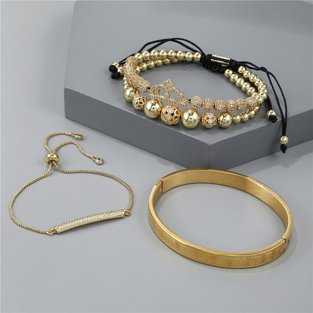 Gold Plated Brass Braided Crown Cubic Zirconia Bracelet Set for Unisex