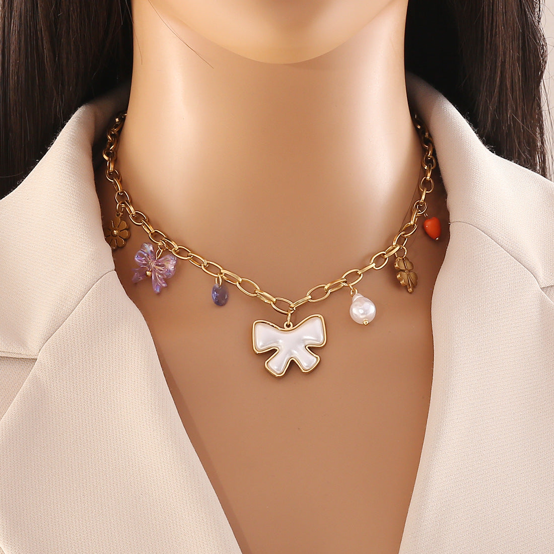 Fashionable Bow-Knot Stainless Steel Necklace with Plated Finish for Women
