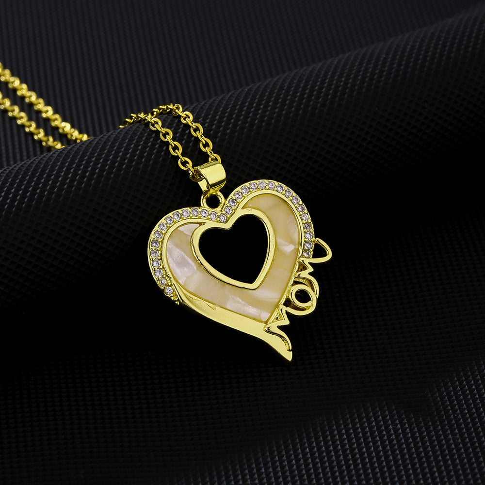 Elegante collana in acciaio inossidabile a forma di cuore con intarsio di zirconi per donna, gioiello con pendente e catena a O