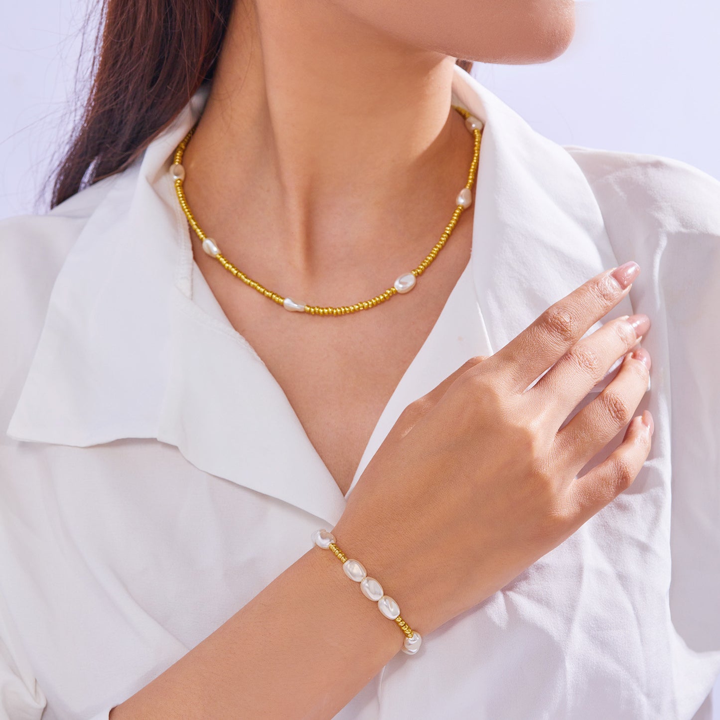 Elegant Oval Alloy Plated Pearl Beaded Necklace Bracelet Set for Women