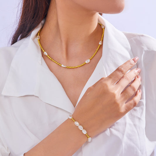Elegant Oval Alloy Plated Pearl Beaded Necklace Bracelet Set for Women