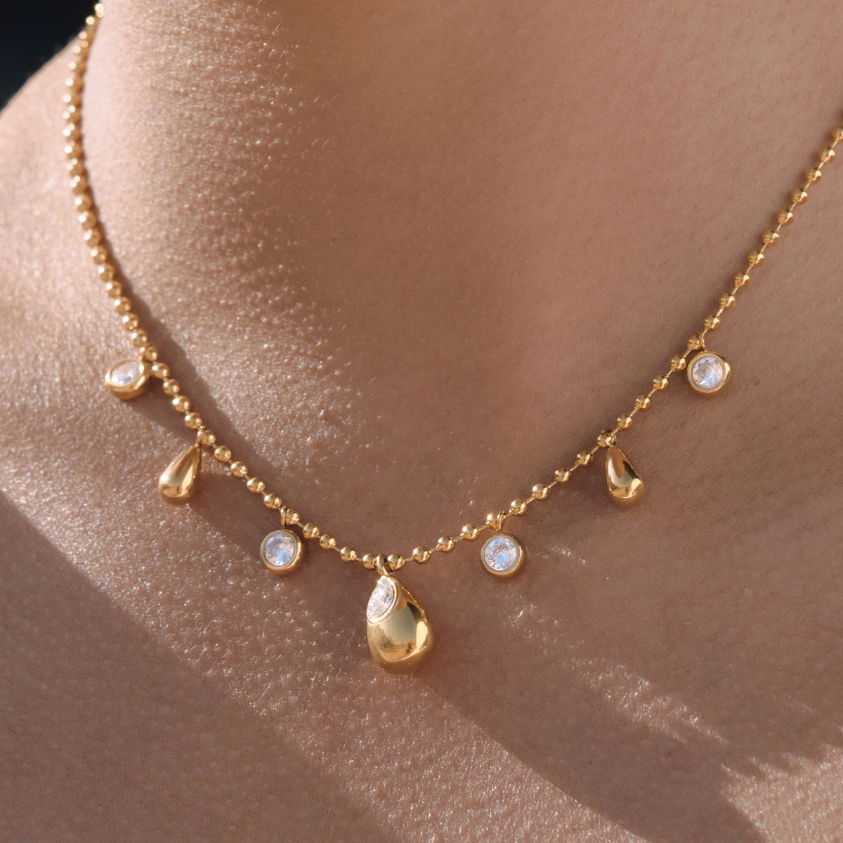 Geometric Teardrop Stainless Steel PVD Cubic Zirconia Necklace for Women