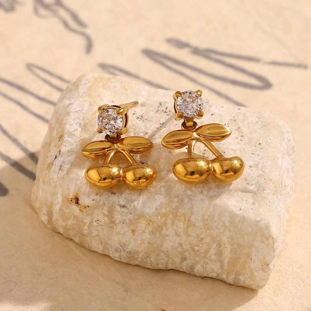 Cherry-Shaped Fashionable Stainless Steel Earrings with 18K Gold Plating and Zircon Accents for Women
