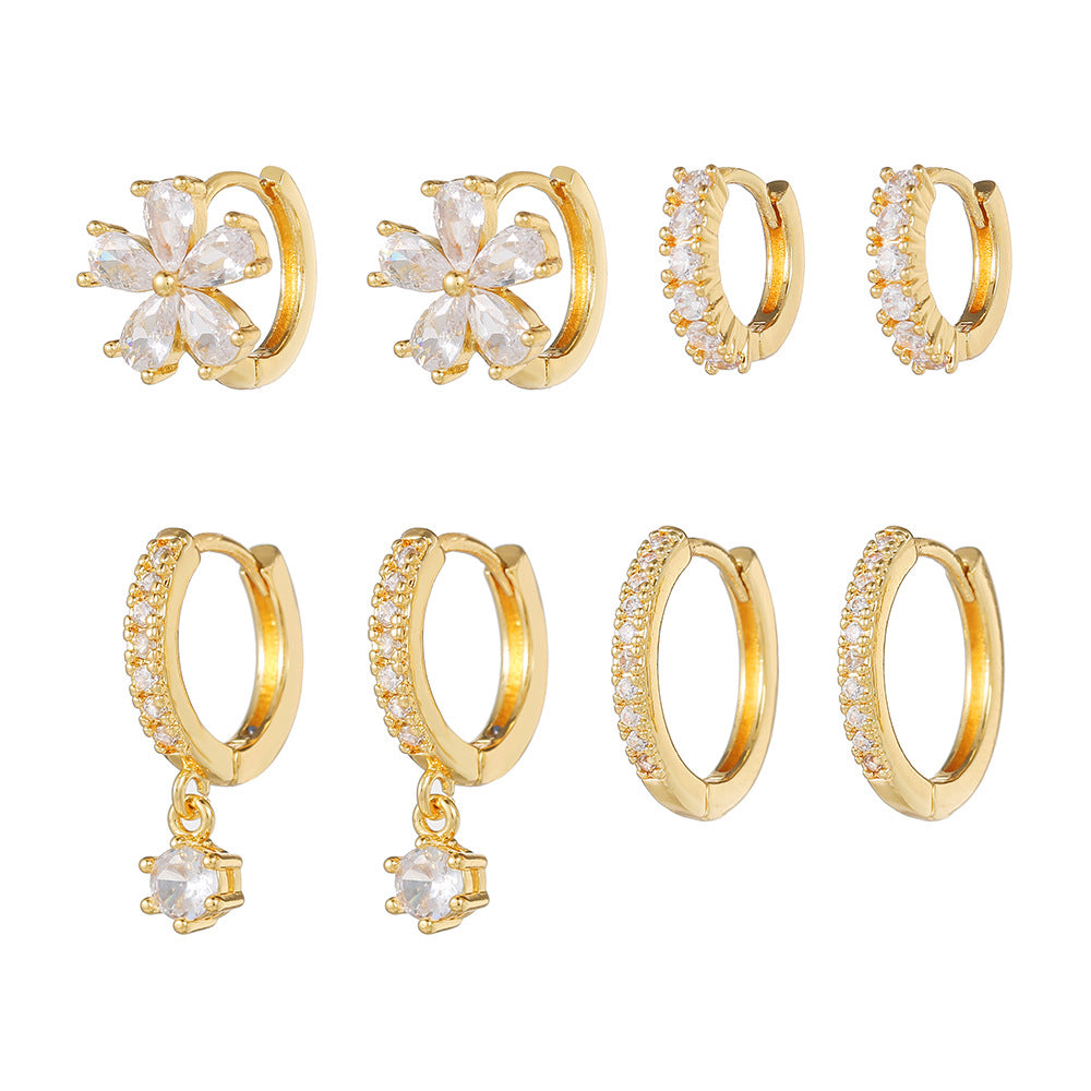 Minimalist Geometric Round Floral Brass Gold Plated Cubic Zirconia Earring Set for Women