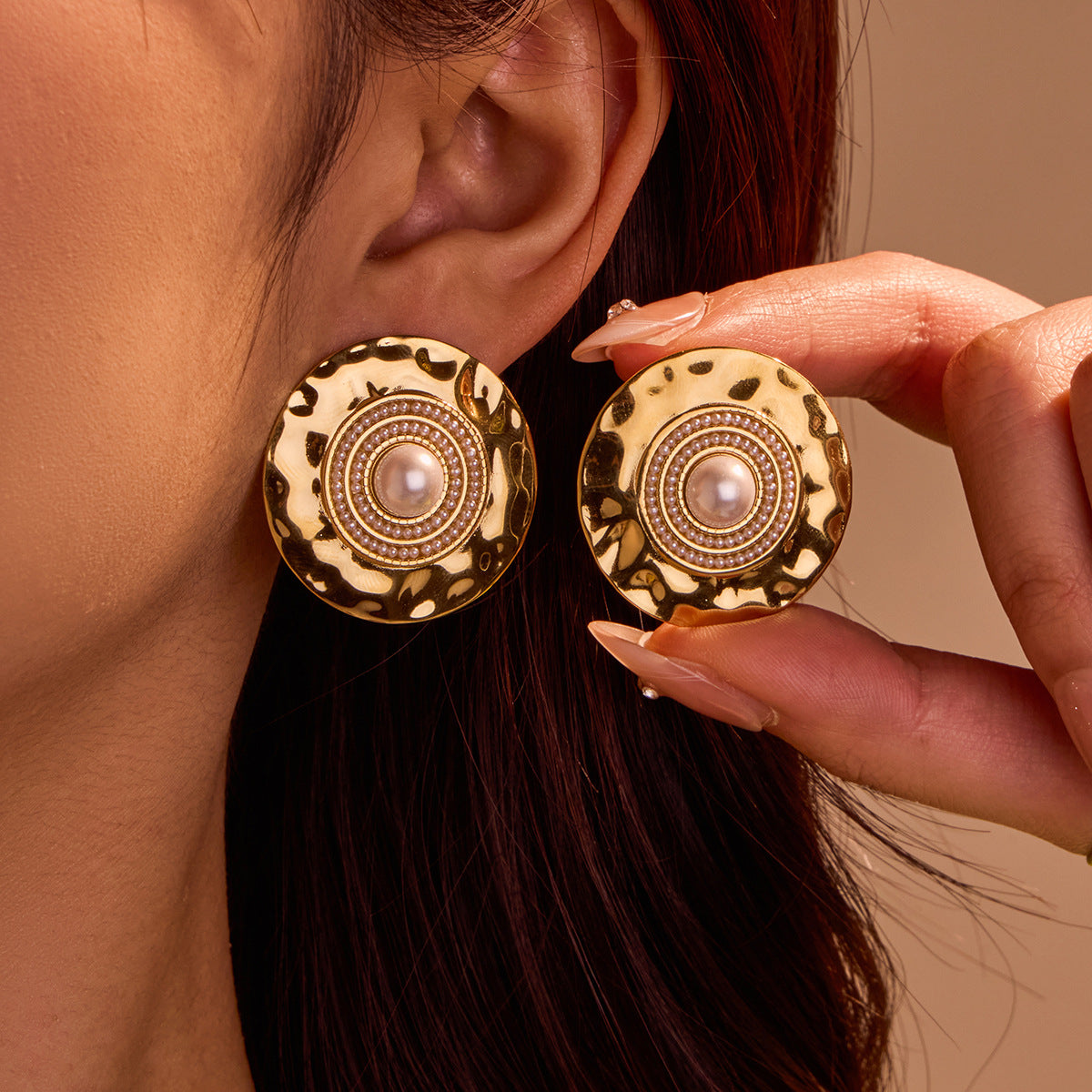 Orecchini da donna in acciaio inossidabile placcato oro con perle geometriche stile vintage