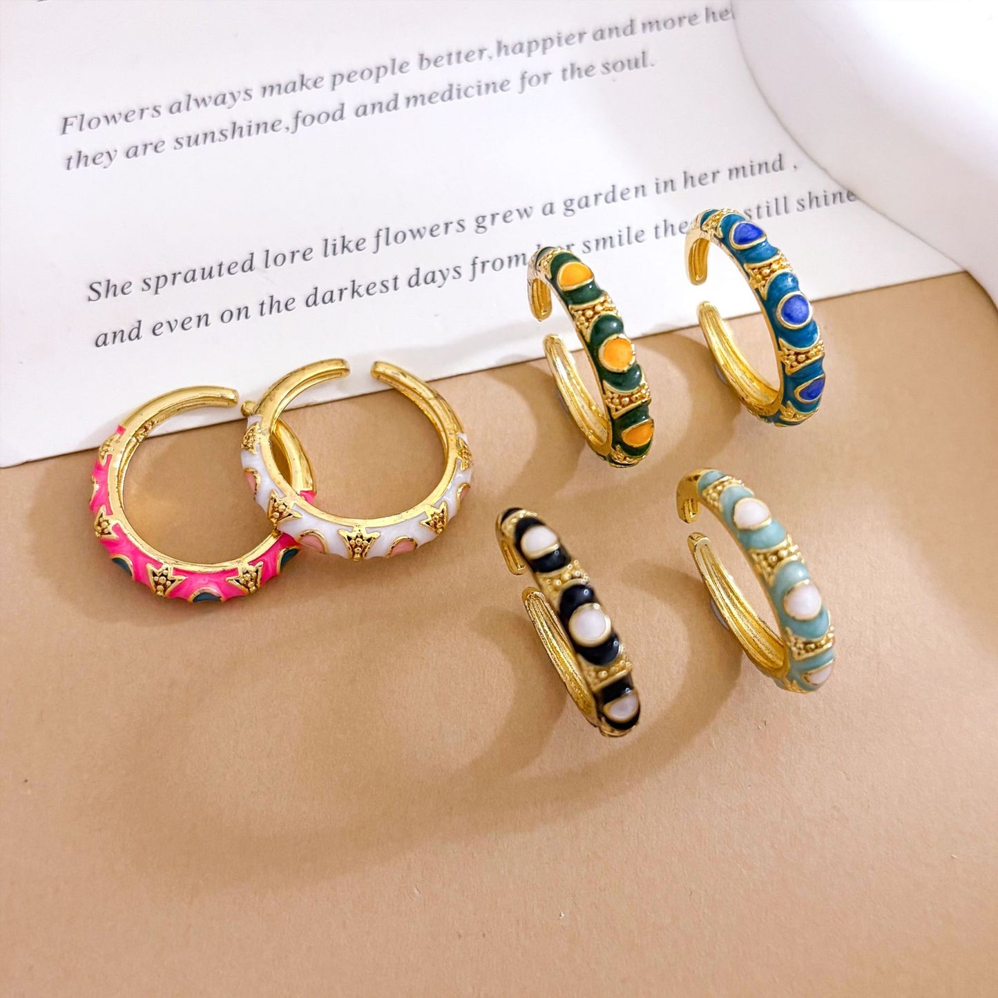 Sweet Minimalist Round Brass Ring with Enamel Evil Eye and Cubic Zirconia Inlay, Gold Plated Adjustable Band for Women