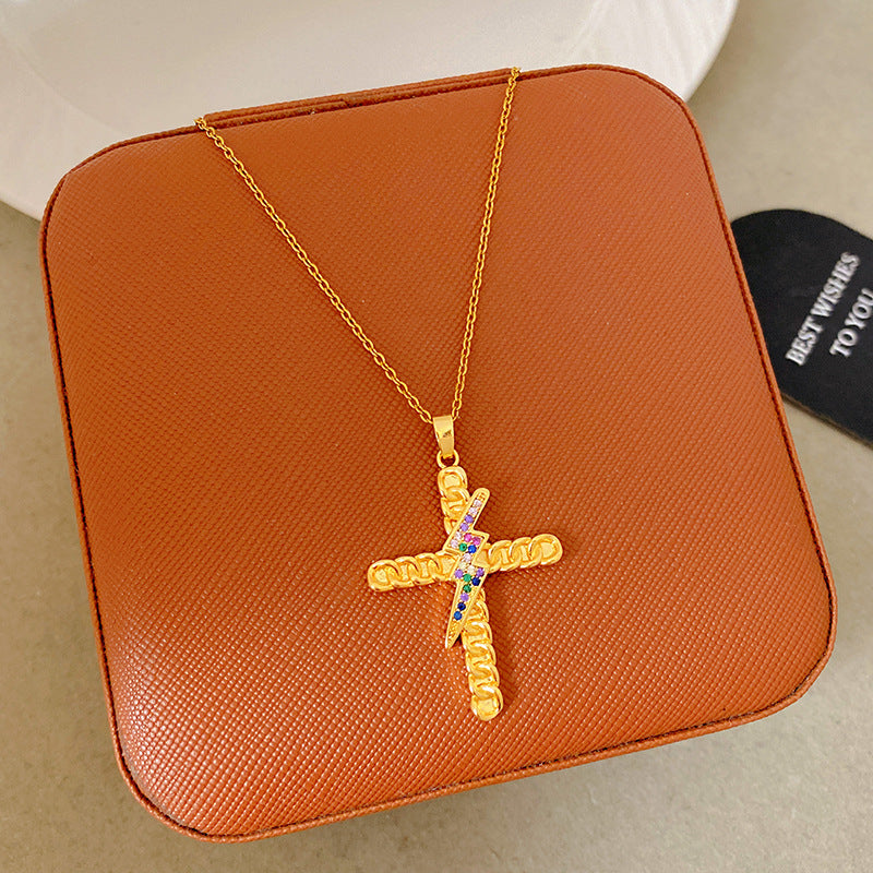 Sporty Sweet 18K Gold Plated Cross Titanium Steel Necklace with Cubic Zirconia for Women
