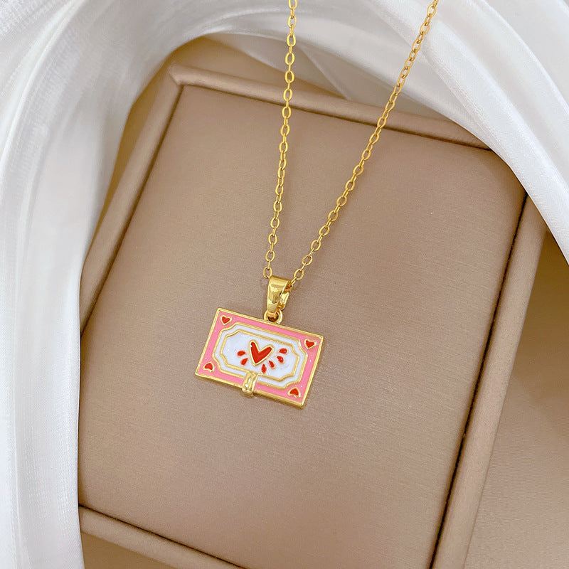 Minimalist Heart-Shaped Enamel Titanium Steel Necklace for Women with Delicate Clavicle Chain and Moon Motif