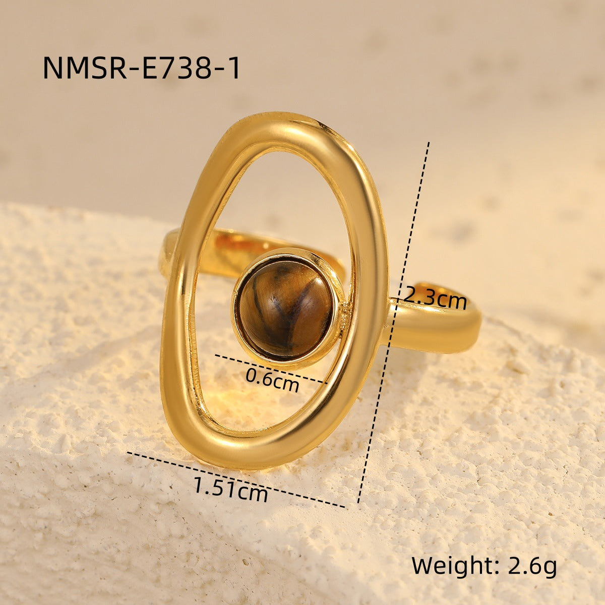Anillo de acero inoxidable hueco con diseño geométrico vintage e incrustaciones de piedra natural, chapado en acero de titanio, banda de moda para mujer para uso en la oficina