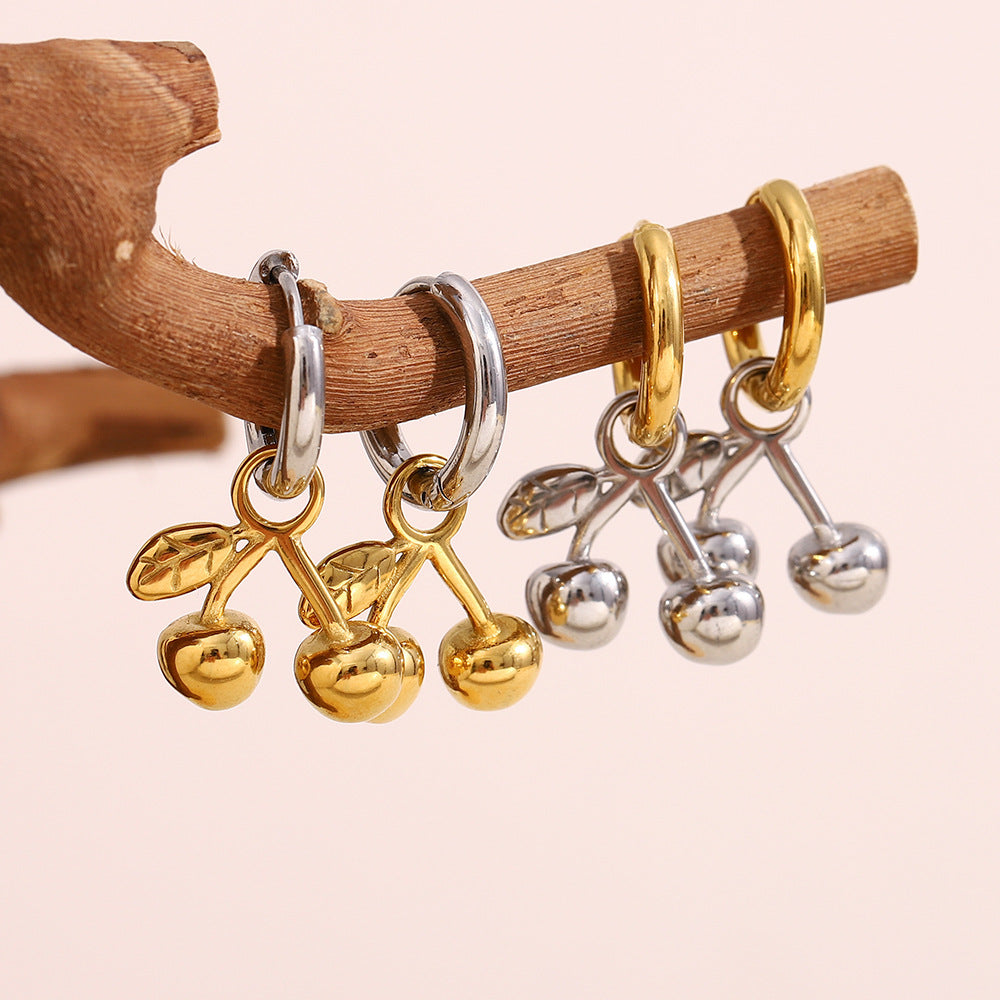 Orecchini in acciaio inossidabile a forma di ciliegia con placcatura in oro 18 carati per donne, design alla moda minimalista e adatto per l'ufficio