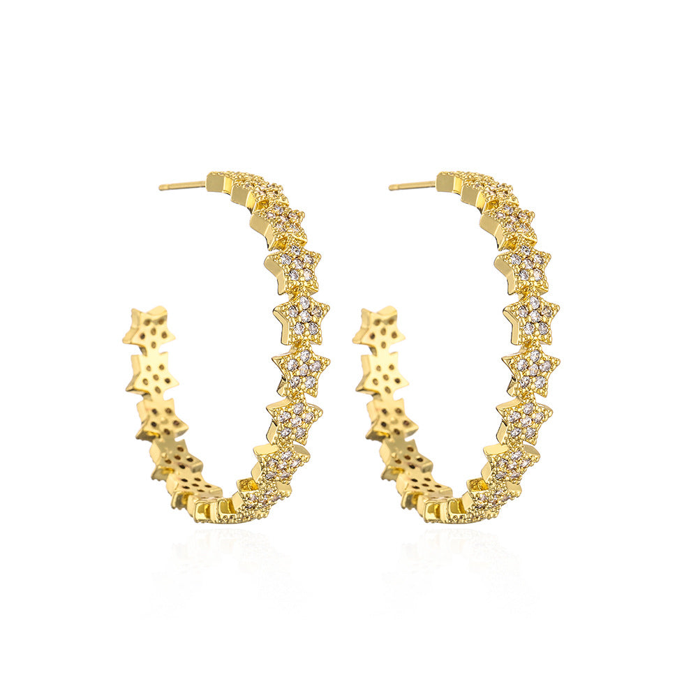 Orecchini minimalisti geometrici a stella e luna da donna in rame con placcatura in oro 18 carati e intarsio di zirconi