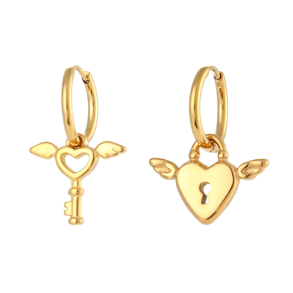Fashionable Asymmetrical Heart Key Wing Earrings in Stainless Steel with 18K Gold Plating for Women