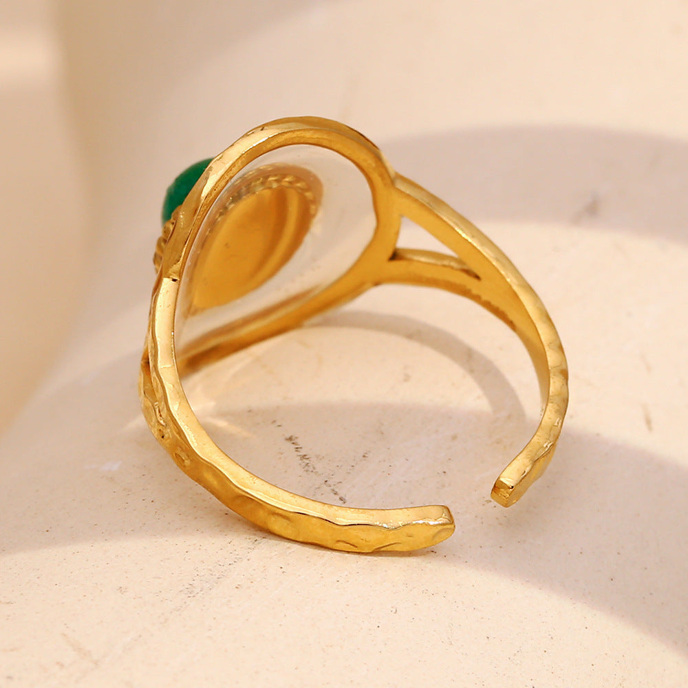 Vintage French Style Geometric Stainless Steel Ring with 18K Gold Plating and Acrylic Green Gemstone for Women