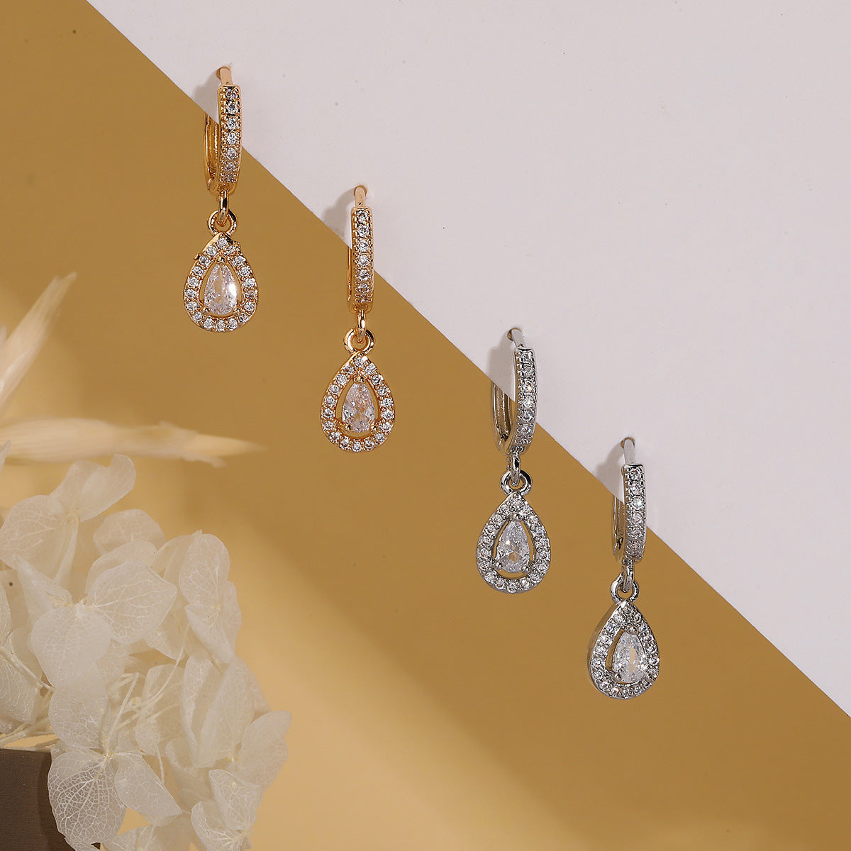 Minimalist Elegant Geometric Teardrop Cubic Zirconia Brass Earrings for Women