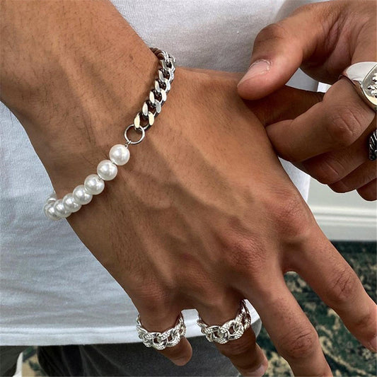 Minimalist Hip-hop Geometric Titanium Steel Cuban Link Chain Bracelet with Pearl for Unisex