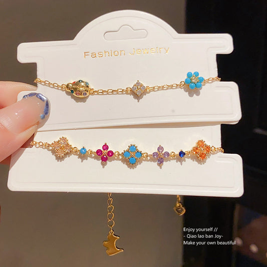 Sweet Minimalist 18K Gold Plated Brass Floral Cubic Zirconia Bracelet for Women